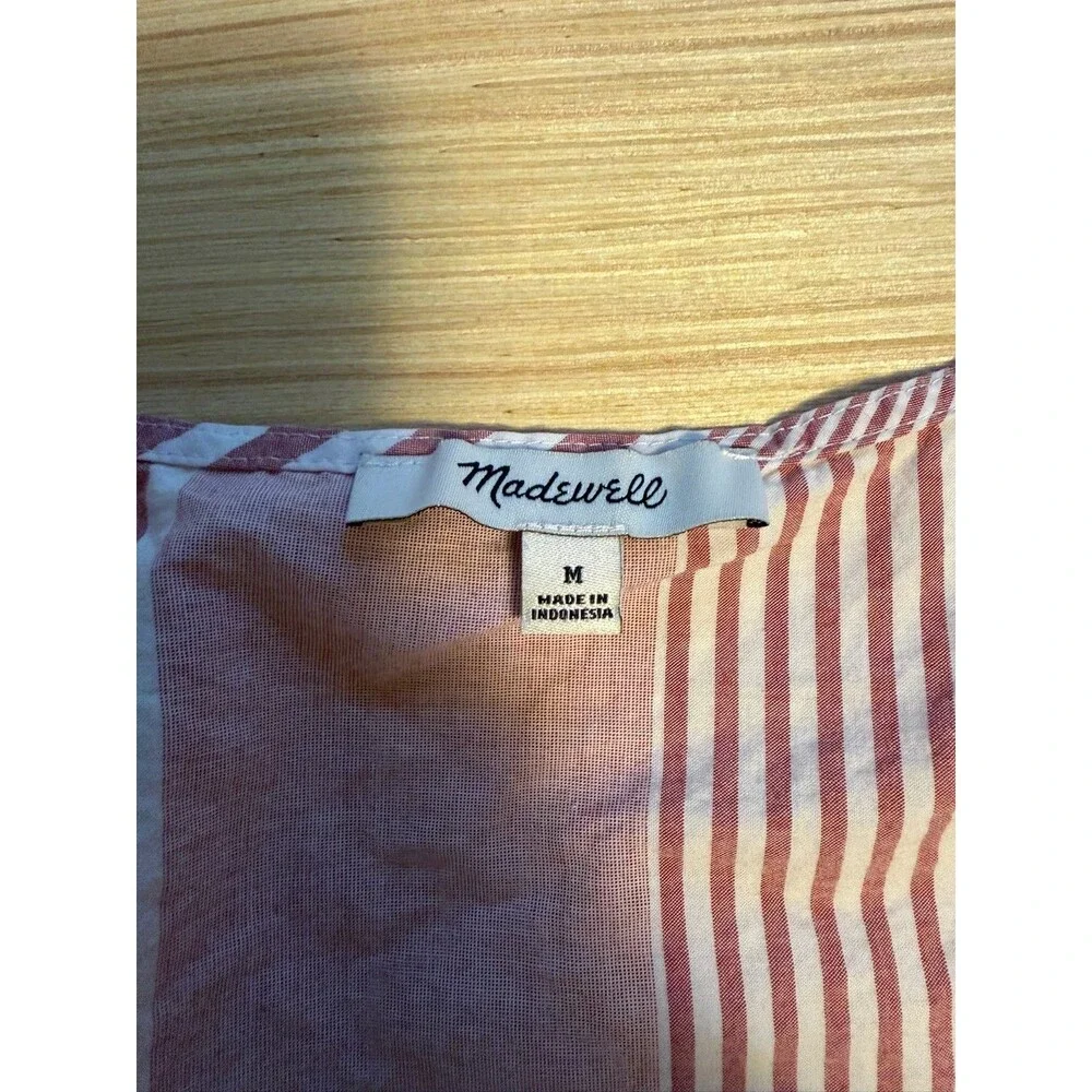 Madewell Womens M Pink White Stripe Wrap Peplum Blouse Cotton Tie Waist